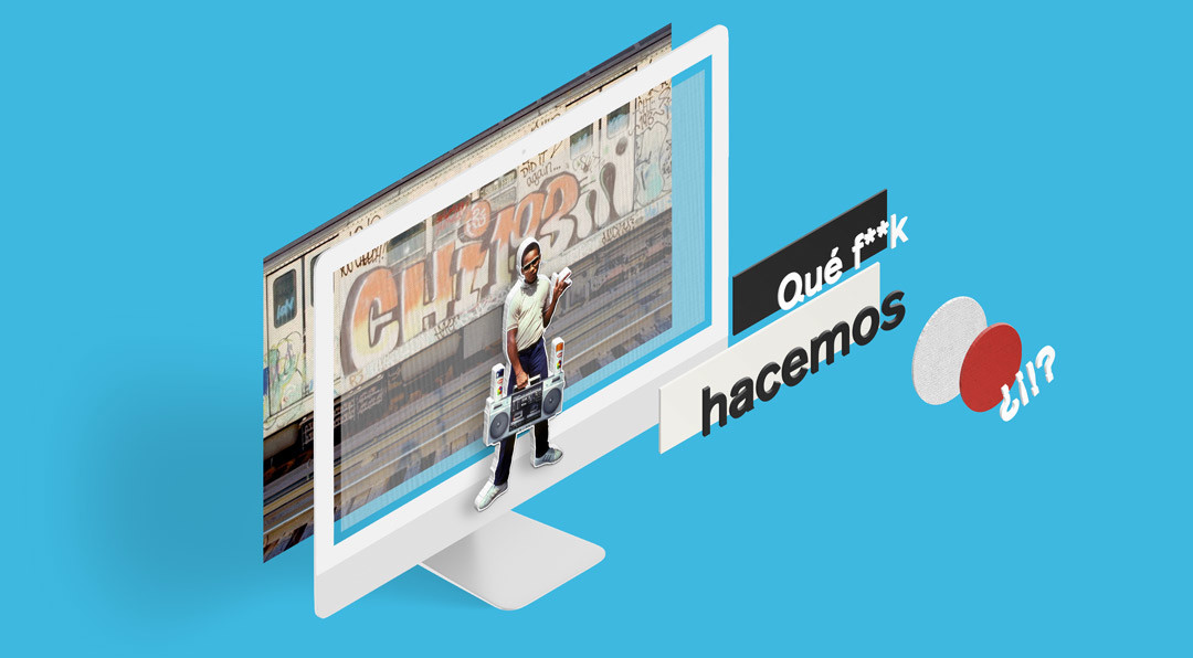 Downtown showcasing the layers of the motion graphics composition, showing a guy with a casette over a graffitied train