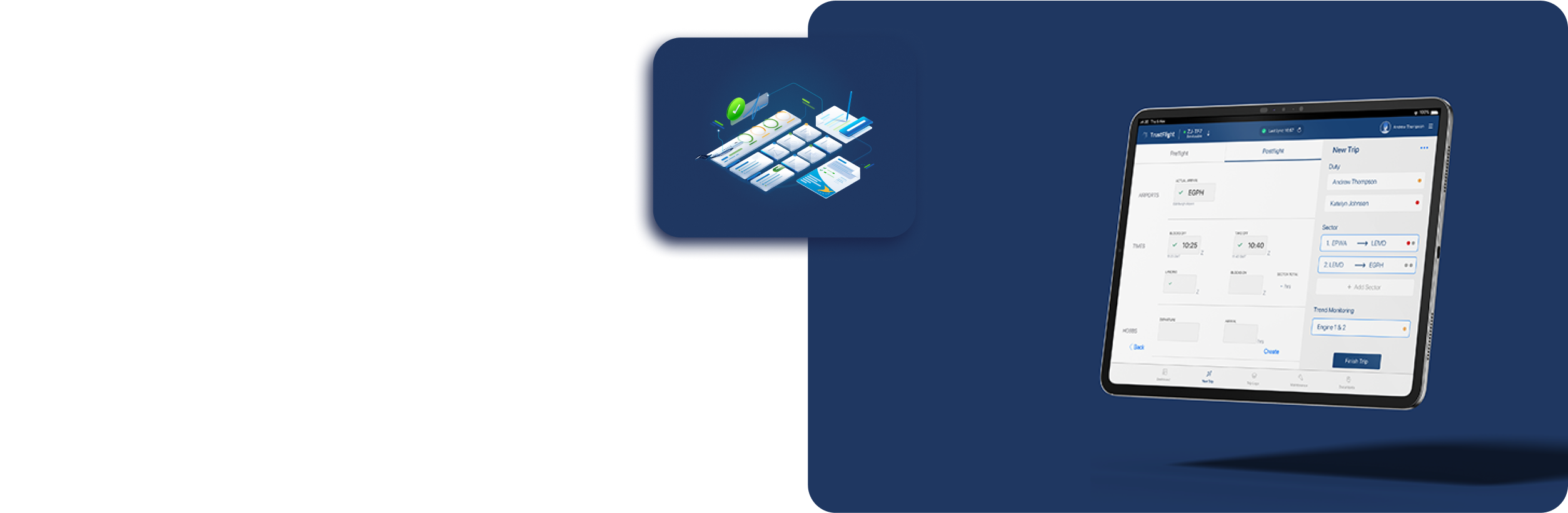 Mock up of a tablet floating showing the Trustflight product